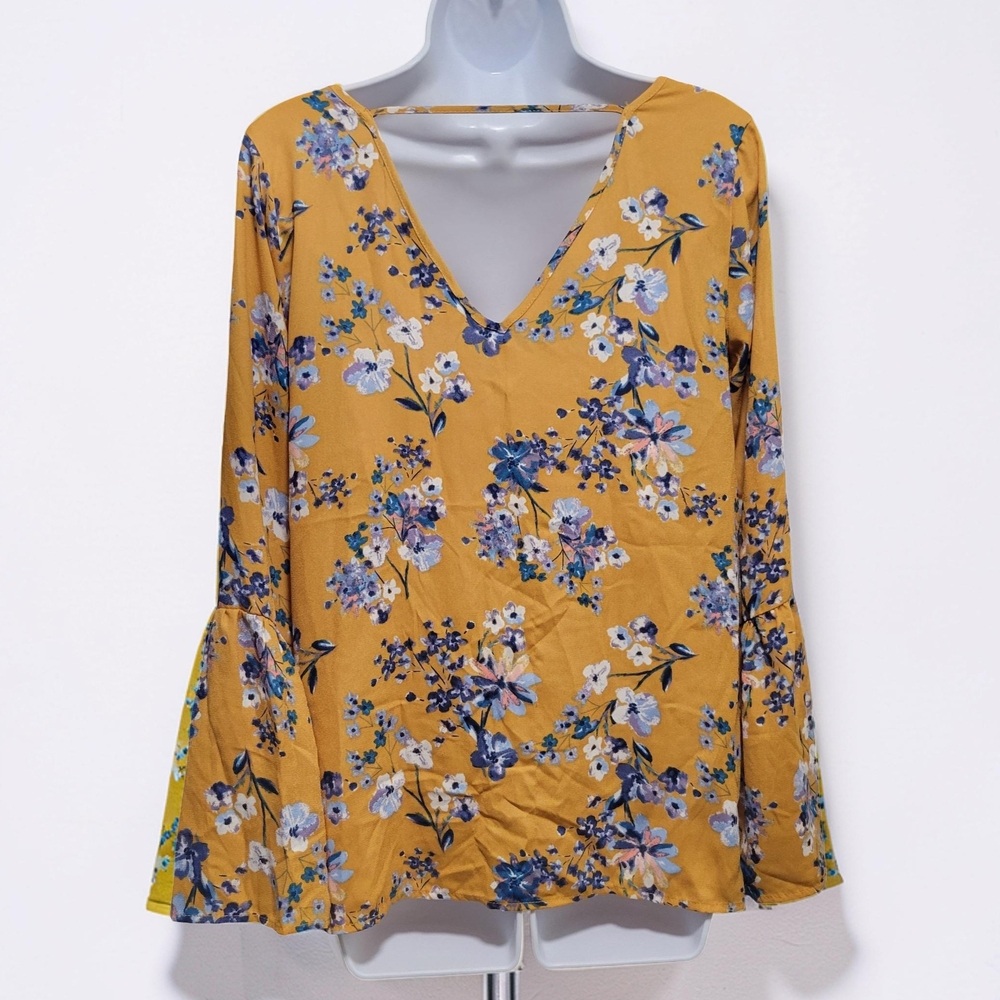 Pink Rose Mustard Floral Button-Front Tie-Hem Blouse - Picture 2 of 9